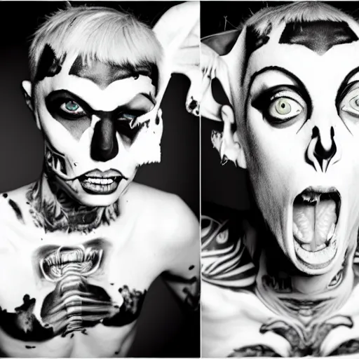 Image similar to photoshoot die antwoord black and white freaky alien