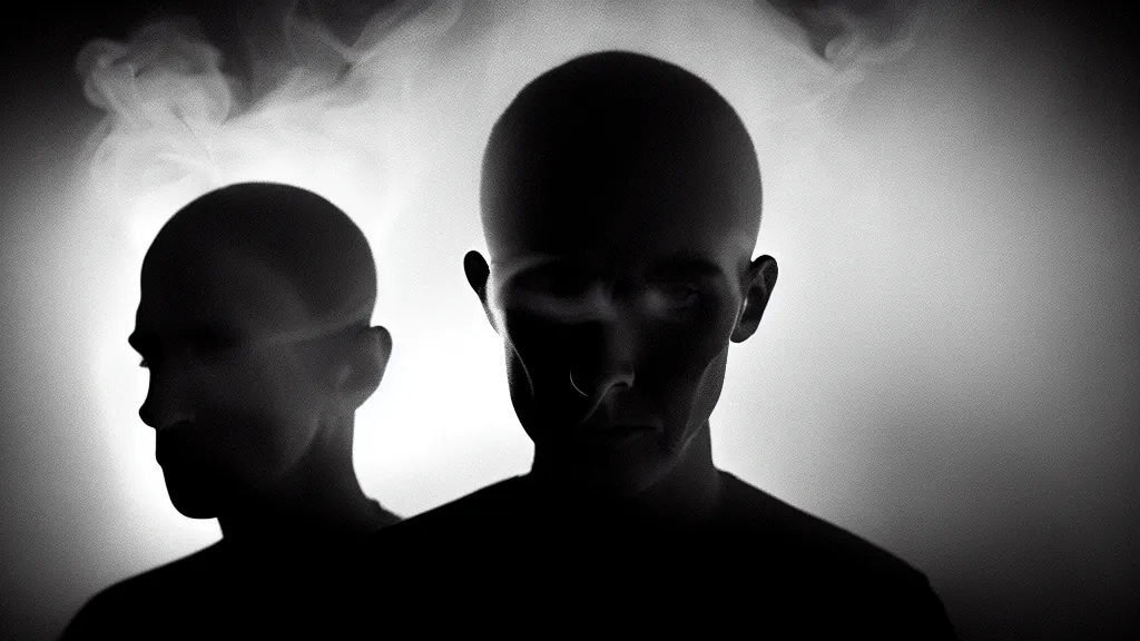 Prompt: portrait of a man a thin glowing smoke enters his head, fog, volumetric lighting, mystique, atmospheric, sharp focus, ultra detailed, noir art house, 4 k, 3 5 mm