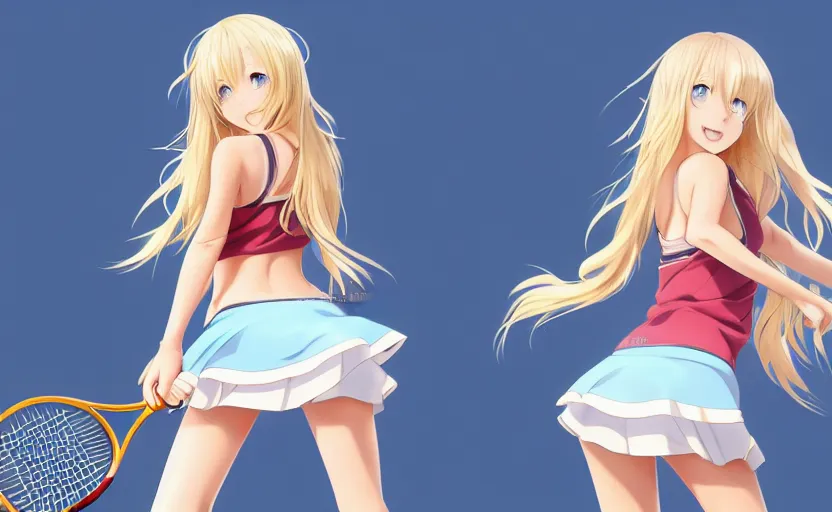 Image similar to a very beautiful young anime tennis girl, full body, long wavy blond hair, sky blue eyes, ( ( ( full round face ) ) ), short smile, bikini, miniskirt, front view, mid - shot, highly detailed, cinematic wallpaper by stanley artgerm lau