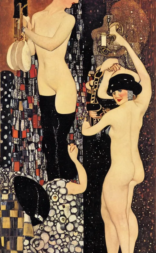 Image similar to an oil painting of jazz age high society life, 1920s style, smooth, highly detailed, high contrast, by Klimt, Coles Phillips, Dean Cornwell, JC Leyendecker, 8K