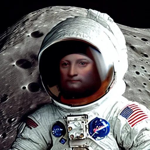 Image similar to self portrait of leonardo da vinci wearing a spacesuit on the moon