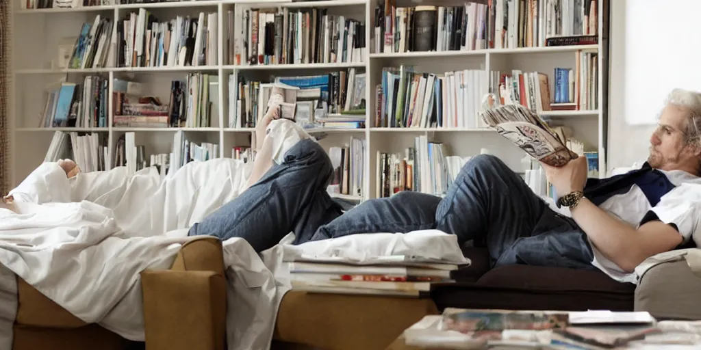 Prompt: a blonde psychoanalyst in his office, with a book in his hand and a patient lying on the couch