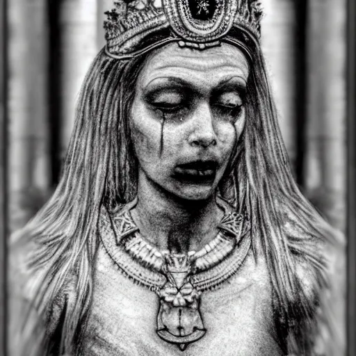 Image similar to in the tomb of empress sissi, vienna, austria, beautiful woman, zombie, pen and ink, 8 k, hyperrealistic, hyperdetailled, beautiful face, dark fantasy