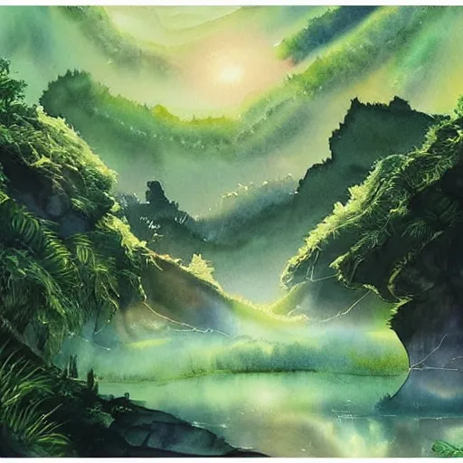 Prompt: beautiful lush imposing natural scene on another planet. different than earth but beautiful. lightfall. beautiful detailed artistic watercolor. trending on artstation and deviantart.