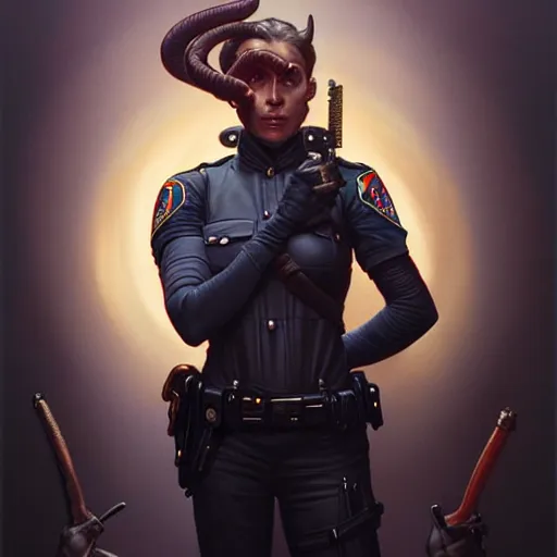 Image similar to portrait painting of a friendly tiefling police officer, ultra realistic, concept art, intricate details, eerie, highly detailed, photorealistic, octane render, 8 k, unreal engine. art by artgerm and greg rutkowski and magali villeneuve and alphonse mucha