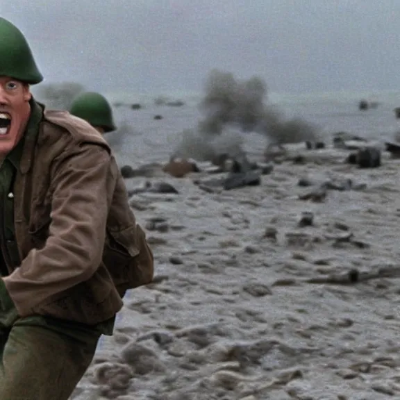 Image similar to photo realistic image of Matthew Lillard as shaggy from scooby doo, storming the beaches of Normandy in 1944, HD, high detail, photorealistic, Hollywood cinematic, Christopher Nolan