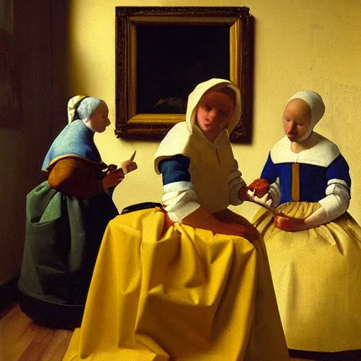 Image similar to 3 mary's, painting by vermeer