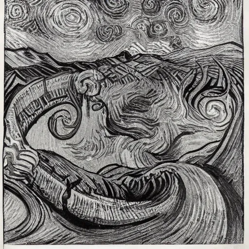 Prompt: Divine Chaos Engine by Vincent Van Gogh and M. C. Escher, symbolist, visionary
