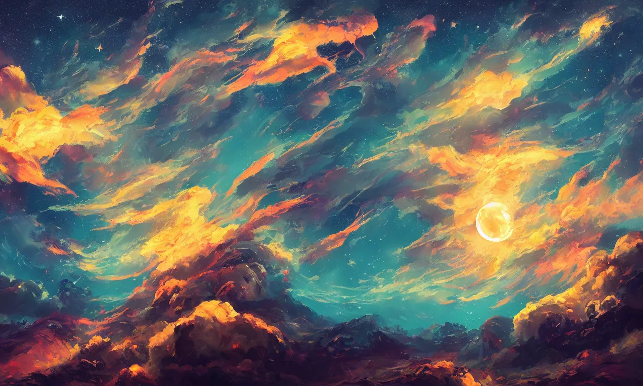 Image similar to a beautiful painting of fire sea, starry sky, moon ， cloud, by liam wong and yuumei and yanjun chen, trending on artstation