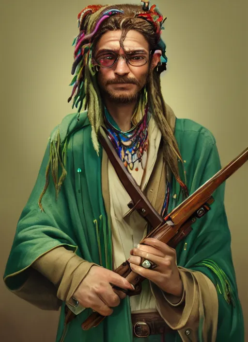 Image similar to an anthropomorphic beautiful goddess male wizard portrait holding rifle wearing colourful robe, green dreadlock breed hair, fine art, award winning, intricate, elegant, sharp focus, octane render, hyperrealistic, cinematic lighting, highly detailed, digital painting, 8 k concept art, art by jamie hewlett masterpiece, trending on artstation, 8 k