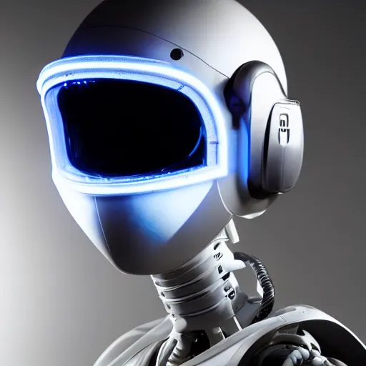 Prompt: Photo of robot with 20yo girl inside, LEDs visor helmet, proﬁle pose, bust shot, high detail, studio, black background, smoke, sharp, cyberpunk, 85mm Sigma Art lens,