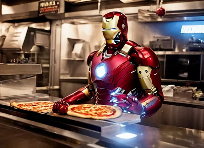 Prompt: film still from new avengers movie ironman wearing ironman suit working in a pizza parlor behind counter making pizza, 4 k