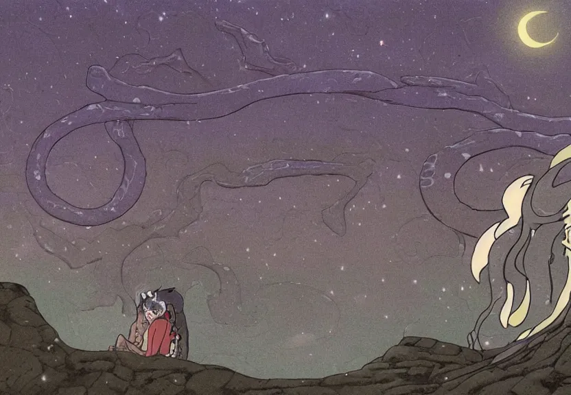 Image similar to a cell - shaded cartoon from princess mononoke ( 1 9 9 7 ) showing a lovecraftian eel. in the background is stonehenge on a misty and starry night. very dull muted colors, hd, 4 k, hq