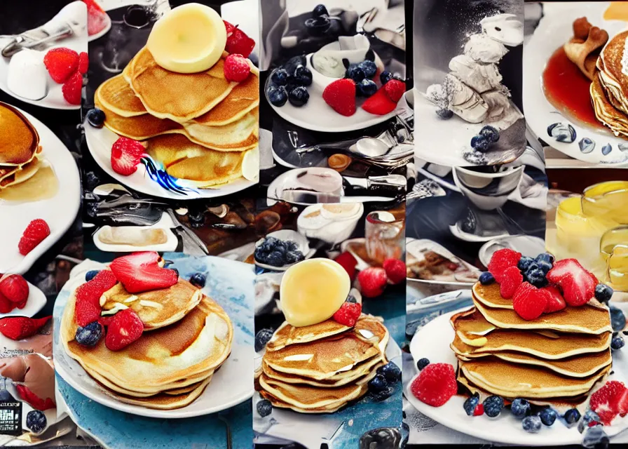 Prompt: pancakes for breakfast, magazine collage