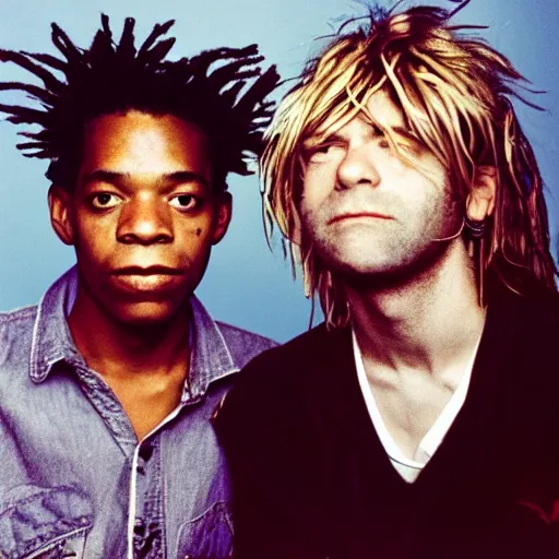 Prompt: medium format photo of basquiat and kurt cobain photographed by annie leibovitz in a hi end photo studio, color, photorealistic,