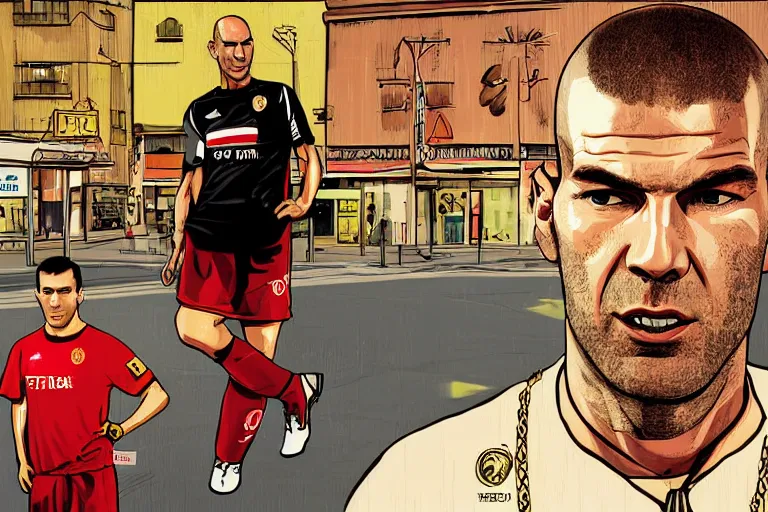 Prompt: illustration of zinedine zidane in a gta waiting screen, gold chain, los angeles, by stephen bliss