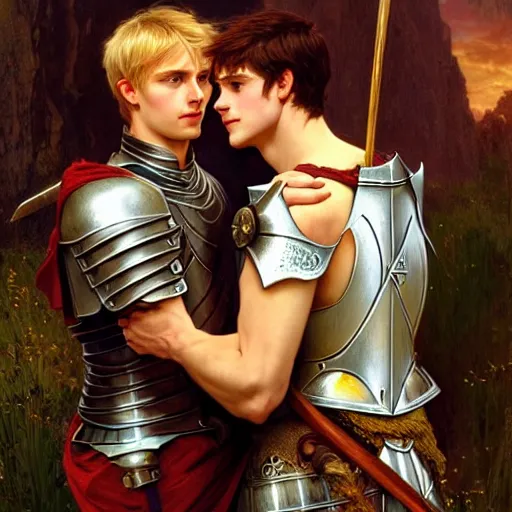 Image similar to attractive arthur pendragon and his favourite attractive male knight, they are in love, camelot, natural lighting, path traced, highly detailed, high quality, digital painting, by gaston bussiere and ross tran and j. c. leyendecker and alphonse mucha