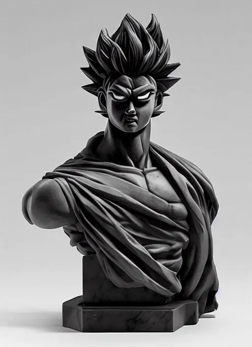 Prompt: an orthographic bust white marble sculpture of goku, black base, by Wes Anderson