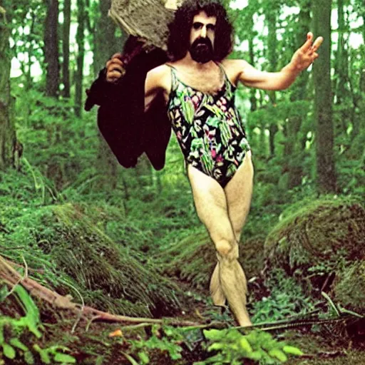 Prompt: Frank Zappa as a forest druid wearing a floral leotard frolicking in the hooded forest of verdant turmeric roots