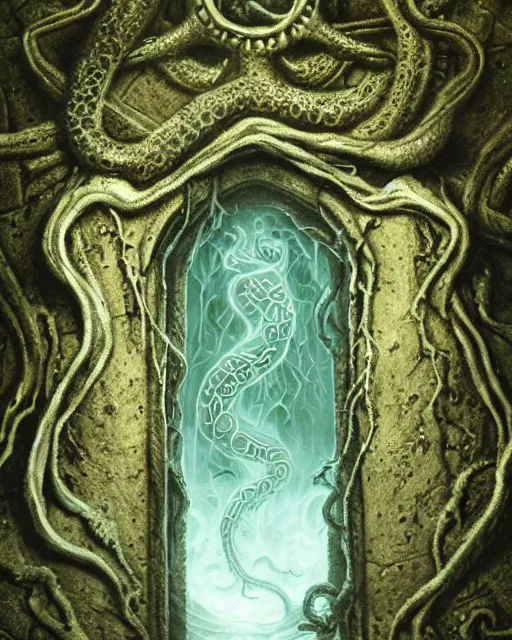 Image similar to highly detailed rendering of a lovecraft eldritch horror ghost realm portal doorway, with cthulhu with wings beckoning in the center, surrounded by swirling mists, portal is in the center of an old mossy cobblestone wall covered in ancient runes, greg rutkowski, photorealistic vivid 8 k resolution