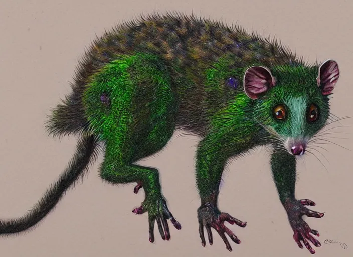 Image similar to full-body portrait of a anthro green zombie opossum fursona with long dark hair. Ruined stormy city. Glorious sun beams, intricate, elegant, highly detailed, digital painting, short focus, illustration, Allan Lee, John Howe