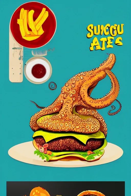 Image similar to fine art illustration of a an octopus inside a cheeseburger, poster, highly detailed, 8 k, vintage, trending on artstation