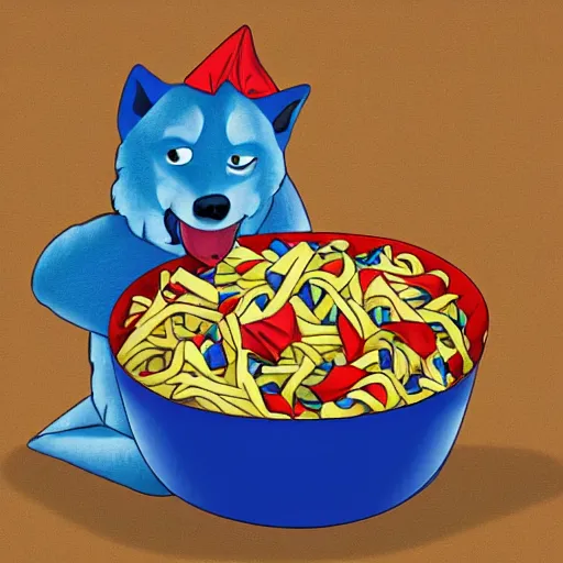 Prompt: a fat blue wolf wearing a red neckerchief eating pasta, digital art