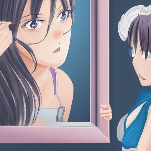 Image similar to an anime girl looking at a mirror, illustration, highly detailed