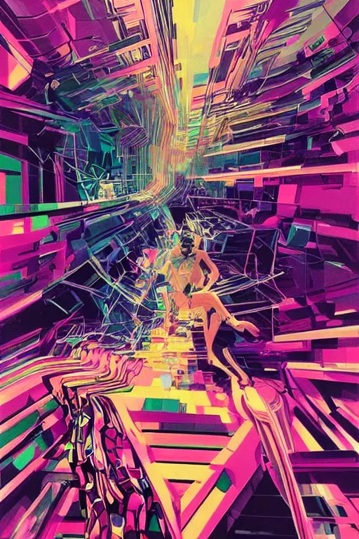 Image similar to wideangle portrait, a wild dancer tangled in broken tensor fields, madness, decoherence, synthwave, glitch!!, fractured reality, vortex, realistic, hyperdetailed, concept art, art by syd mead, cubism