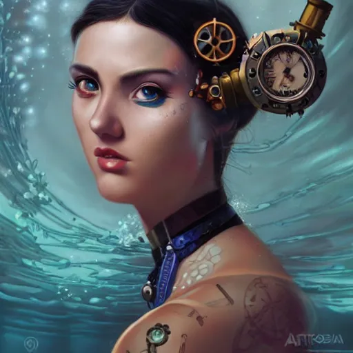 Prompt: lofi underwater steampunk portrait, Pixar style, by Tristan Eaton Stanley Artgerm and Tom Bagshaw.