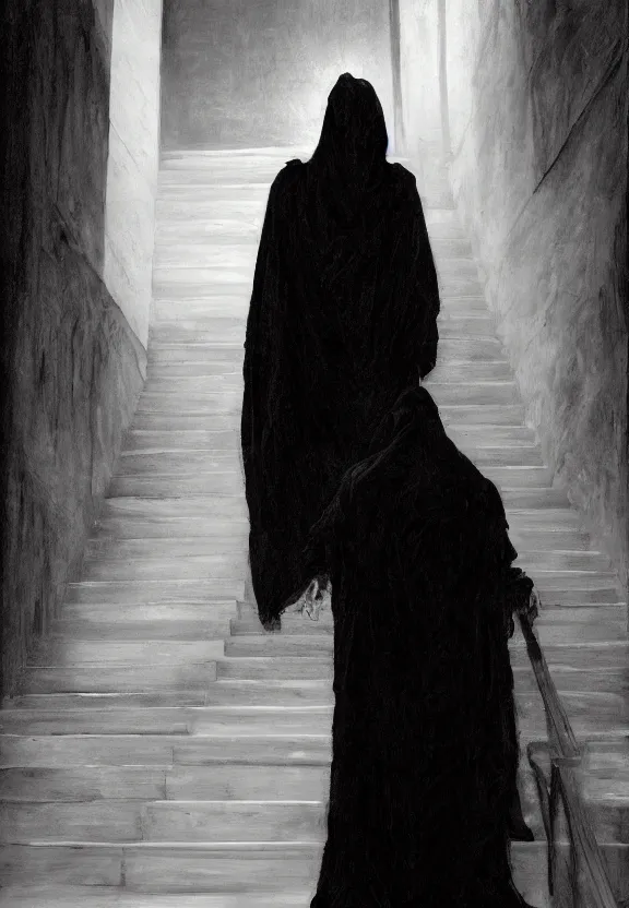 Image similar to a figure shrouded in a long pitch black gown descending a white grand staircase, photorealism, hypperealism, harsh lighting, hyperrealism, dramatic lighting, serious, gloomy, forboding