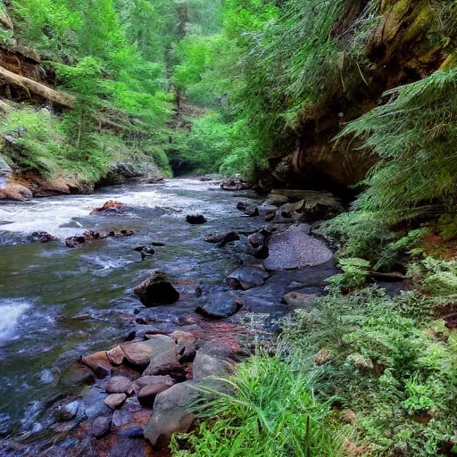 Prompt: sitting by a gently flowing stream in the coolness of a canyon rich in towering evergreens