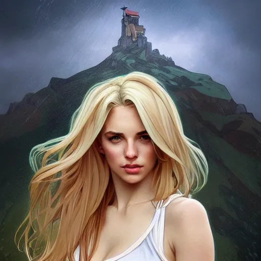 Prompt: a gorgeous woman with long light-blonde hair wearing a low cut tanktop, standing in the rain on top of a mountain, highly detailed, artstation, concept art, sharp focus, illustration, art by artgerm and alphonse mucha