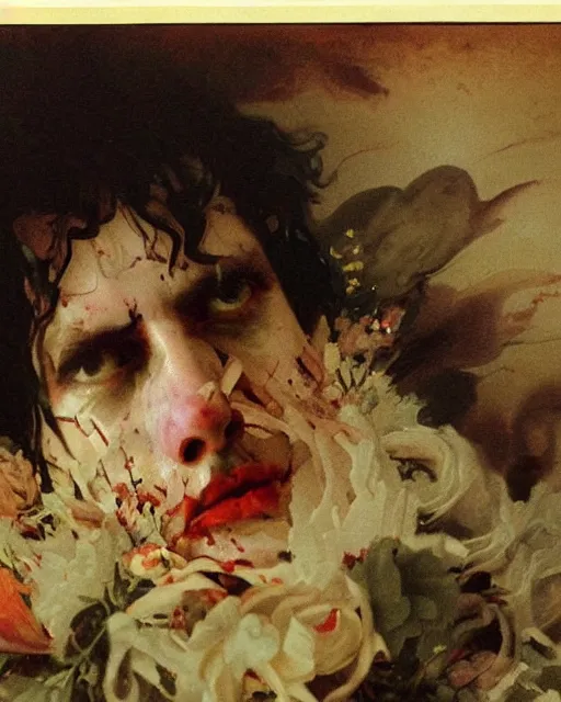 Image similar to a beautiful and eerie baroque painting of a beautiful but serious man in layers of fear, with haunted eyes and dark hair, 1 9 7 0 s, seventies, floral wallpaper, wilted flowers, a little blood, morning light showing injuries, delicate embellishments, painterly, offset printing technique, by robert henri, walter popp, alan lee