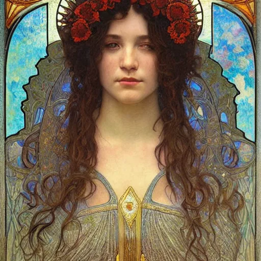 Prompt: detailed realistic beautiful young medieval queen face portrait by jean delville, alphonse mucha, and marco mazzoni, art nouveau, symbolist, visionary, gothic, pre - raphaelite