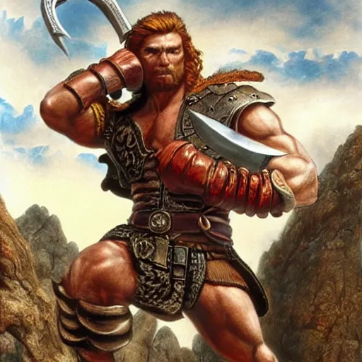 Image similar to character art, d&d, muscular fighter wearing leather chest plate with uncovered arms, ginger hair, great sword, feet standing in a rocky environment by john avon, matte painting by drew struzan and simon bisley, render