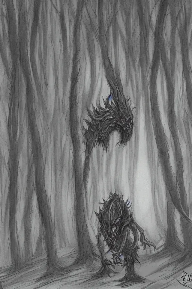 Image similar to concept art of a scary monster wandering a dark tight forest