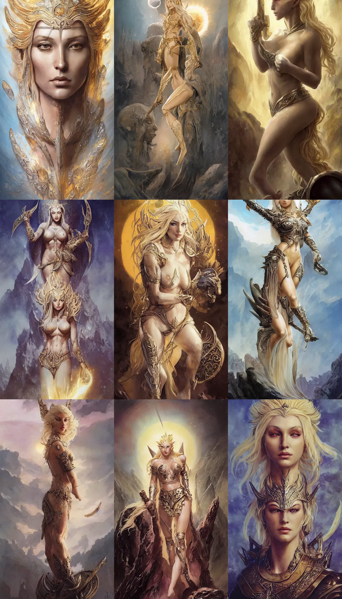 Image similar to A mixed media painting of the beautiful blonde goddess of the sun, very aesthetic, curvy, detailed face, elven armor, by Frank Frazetta, Greg Rutkowski, Boris Vallejo, Beeple, Yoko Taro, Christian MacNevin, epic fantasy character art, goddess of anger, viking runes, high fantasy, CGsociety, full length, exquisite detail, post-processing, masterpiece, cinematic, odin's stone arena background