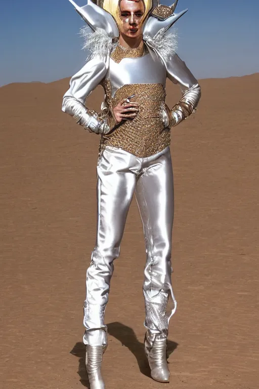 Image similar to portrait davis taylor brown dressed in 1 9 8 1 space fantasy fashion, avante garde, shiny metal, standing in a desert