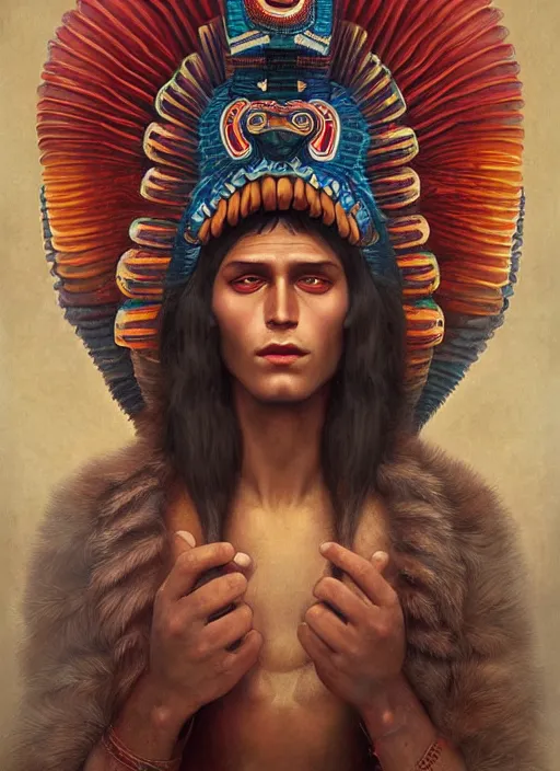 Image similar to portrait of aztec masculine god quetzalcoatl, by bogdan rezunenko and denys tsiperko and tom bagshaw, magic realism