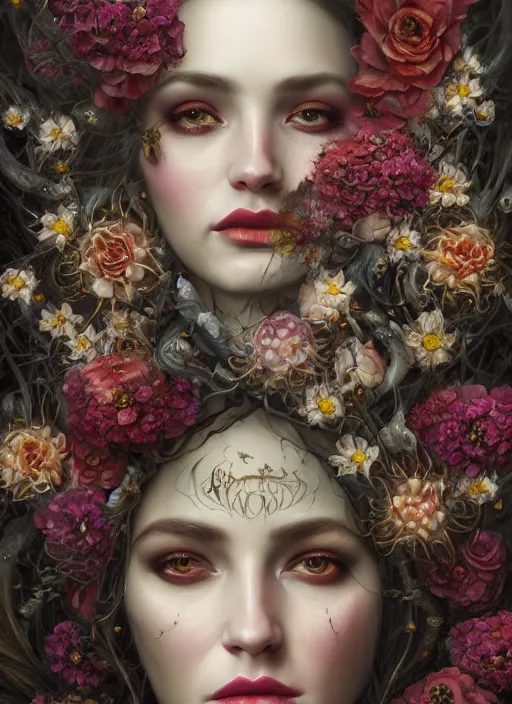 Image similar to portrait of the queen of the underworld, surrounded by flowers by karol bak, james jean, tom bagshaw, rococo, detailed eyes, trending on artstation, cinematic lighting, hyper realism, octane render, 8 k, hyper detailed.