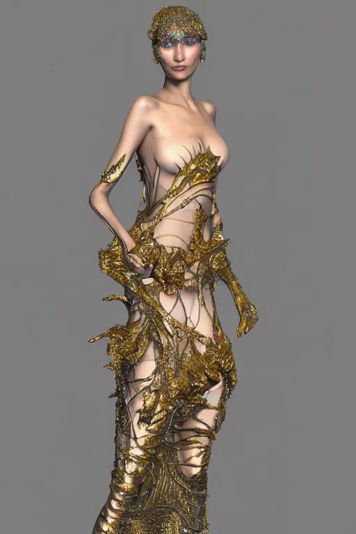 Image similar to a highly detailed 3 d render painting of a beautiful alien goddess bella hadid in iris van herpen dress schiaparelli in diamonds in style of alphonse mucha trending on artstation made in unreal engine 4