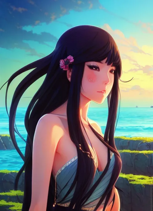 Image similar to a beautiful girl with long black hair in, island background, intricate, highly detailed, digital painting, artstation, official media, anime key visual, concept art, rich vivid colors, ambient lighting, sharp focus, illustration, art by Artgerm, Makoto Shinkai, Ilya Kuvshinov, Lois Van Baarle, and Rossdraws