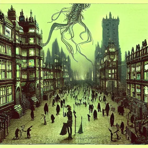 Prompt: gigantic eldritch aliens attack Victorian London. People screaming and running, in the style of john atkinson grimshaw