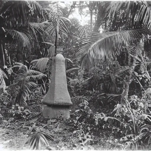 Prompt: lost film footage of a sacred ( ( ( ( ( ( indigenous ) ) ) ) ) ) artifact in the middle of the ( ( ( ( ( ( ( ( ( ( tropical jungle ) ) ) ) ) ) ) ) ) ) / ethnographic object / film still / cinematic / enhanced / 1 9 0 0 s / black and white / grain