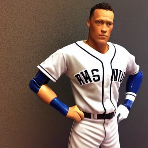 Image similar to “a realistic detailed photo of a guy who is an attractive humanoid who is half robot and half humanoid, who is a male android, baseball player Aaron Judge, shiny skin, posing like a statue, blank stare”