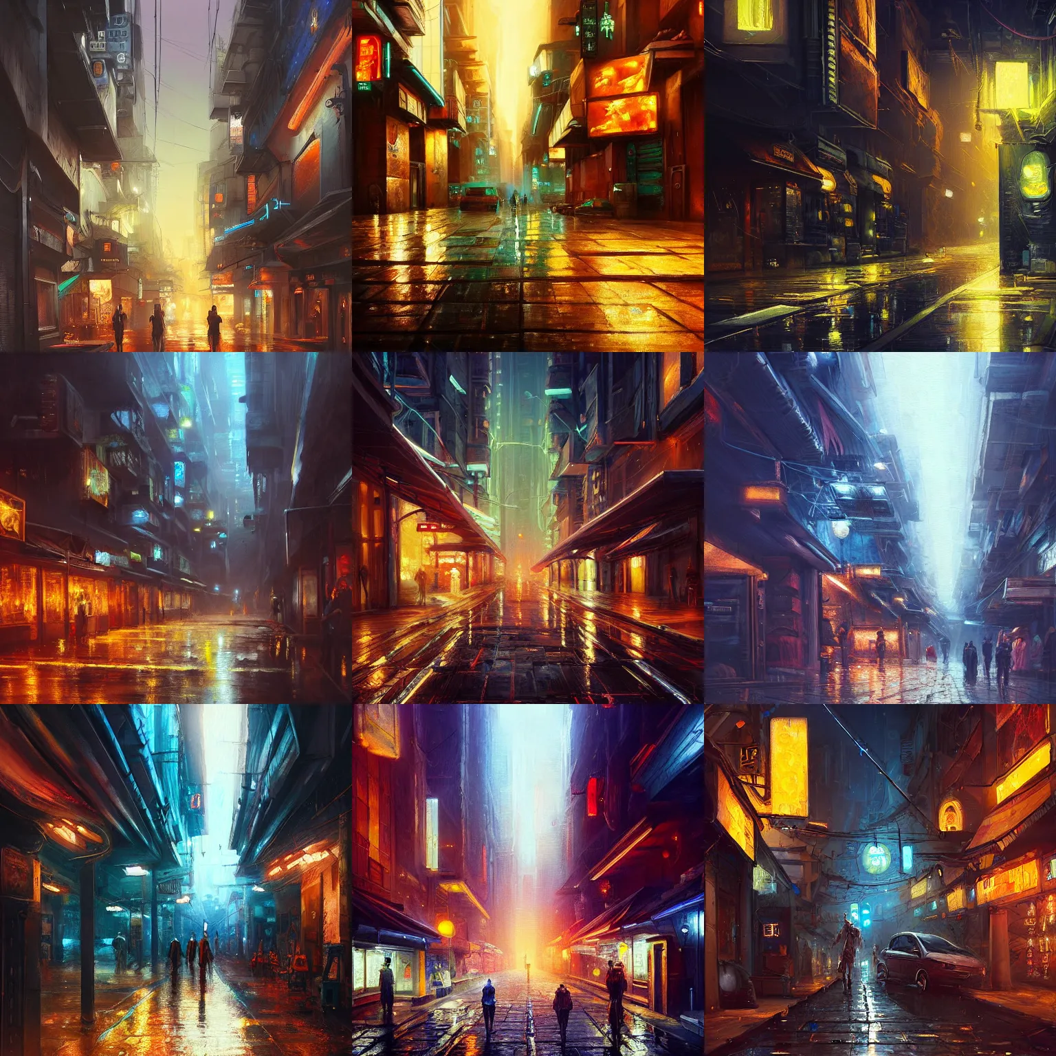 Prompt: an epic painting of the nuar city street at night, oil on canvas, cold colors, perfect composition, golden ratio, beautiful detailed, photorealistic, digital painting, artstation, concept art, smooth, sharp focus, illustration, cyberpunk background, artstation trending, octane render, unreal engine