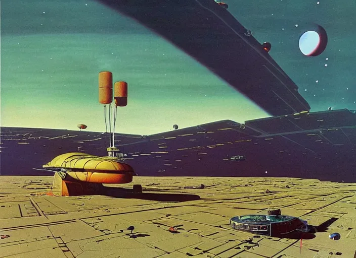 Prompt: a huge vividly - coloured spacecraft in an empty landscape by dean ellis, peter elson, chris foss, david a hardy, angus mckie, bruce pennington, 1 9 8 0 s retro sci - fi art