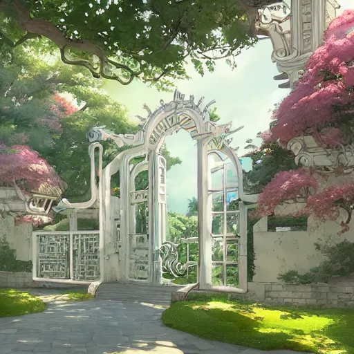 Image similar to circular gate in a white wall, leading to a garden. chinese architecture. fantasy. detailed. smooth. sharp focus. trending on arstation. cgsociety masterpiece, by rossdraws, ghibli, kimi no na wa, greg rutkowski, simon stalberg, greg manchess