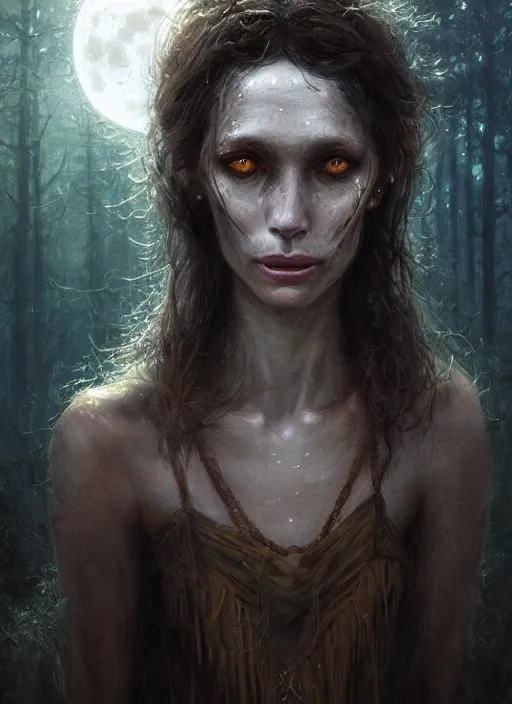 Prompt: close - up face portrait of a beautiful skinny woman crying as witch in front of the full big moon in a fantasy forest, by james gurney, greg rutkowski, highly detailed digital art, artstation